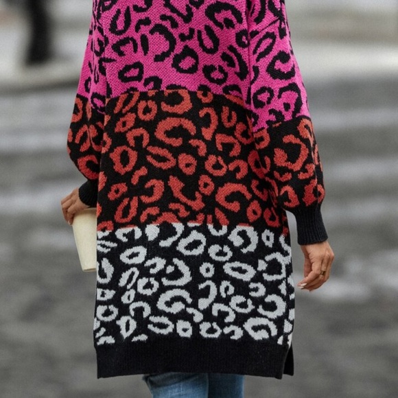 SHEIN LUNE Colorblock Leopard Pattern Bishop Sleeve Duster Cardigan - Picture 2 of 4